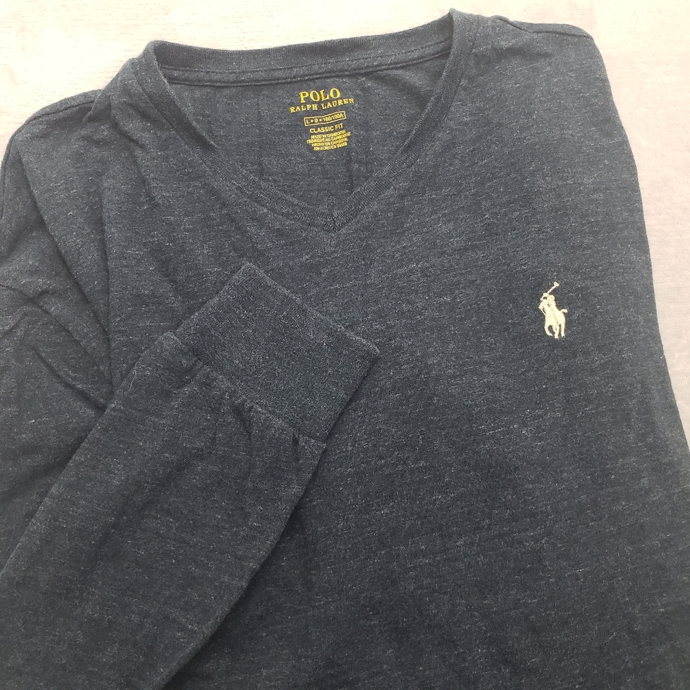 Polo Ralph Lauren Men's L 100% Cotton V Neck Long Sleeve Blue Heathered Shirt